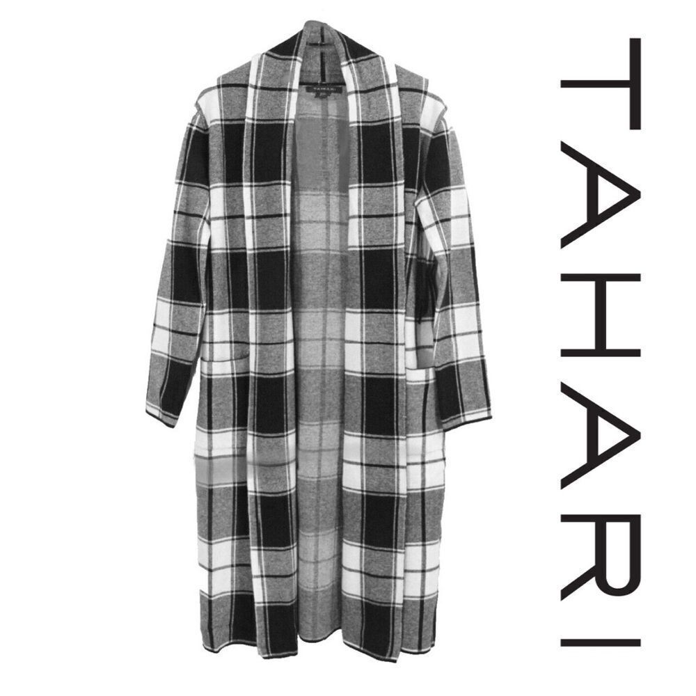 Tahari Plaid Open Lapel Cardigen